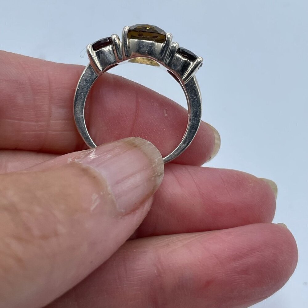 Three Stone Genuine Red Garnet Yellow Citrine Sterling Silver .925 Band Ring 7 - Picture 4 of 6